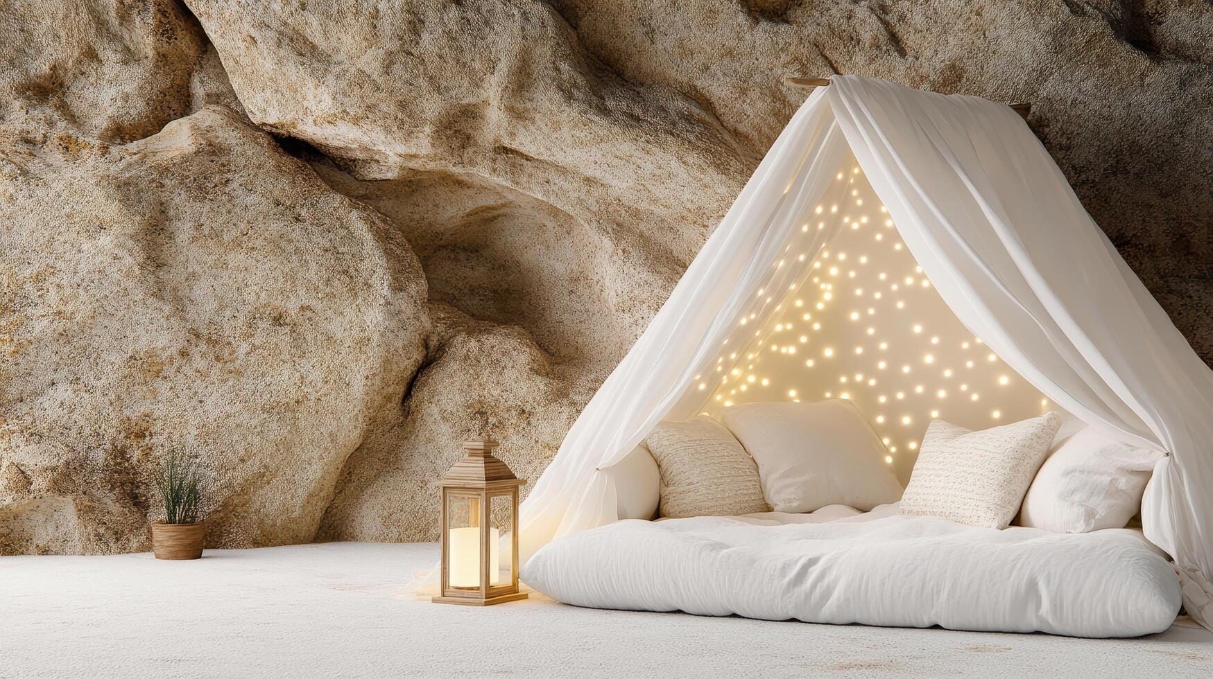 cozy pillow fort with glowing lantern and soft lights in cave photo