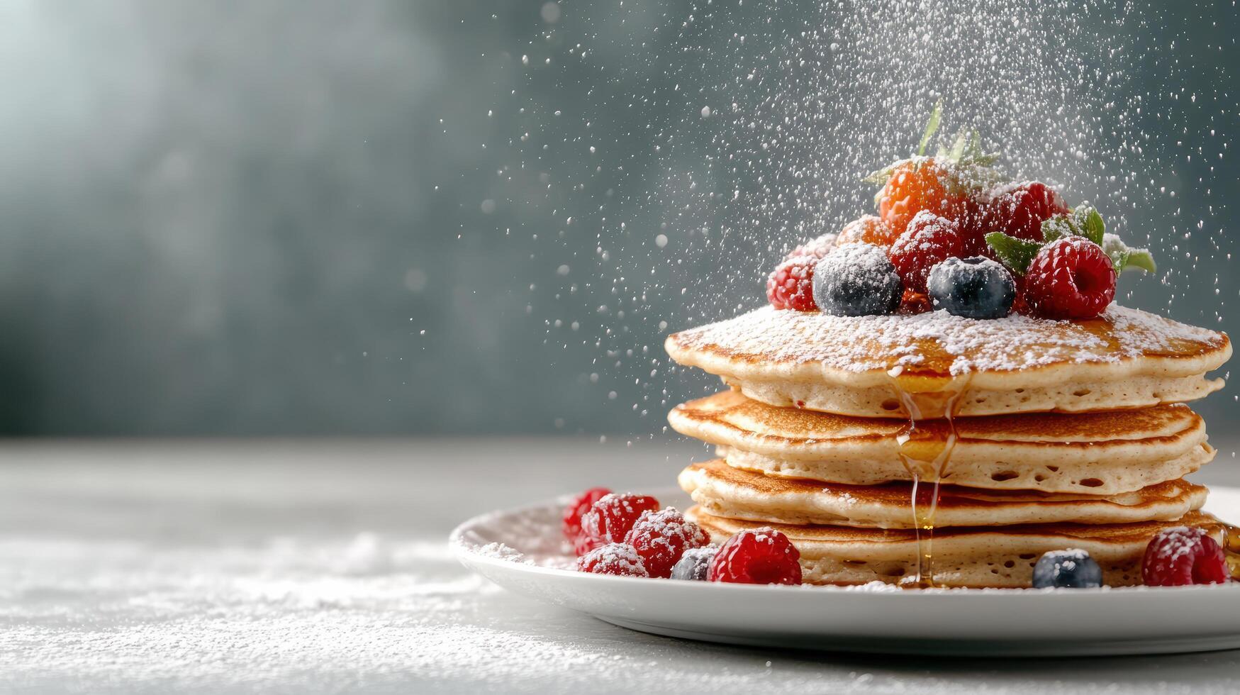 Fluffy pancakes stacked high, topped with syrup and fresh berries, create delightful breakfast photo