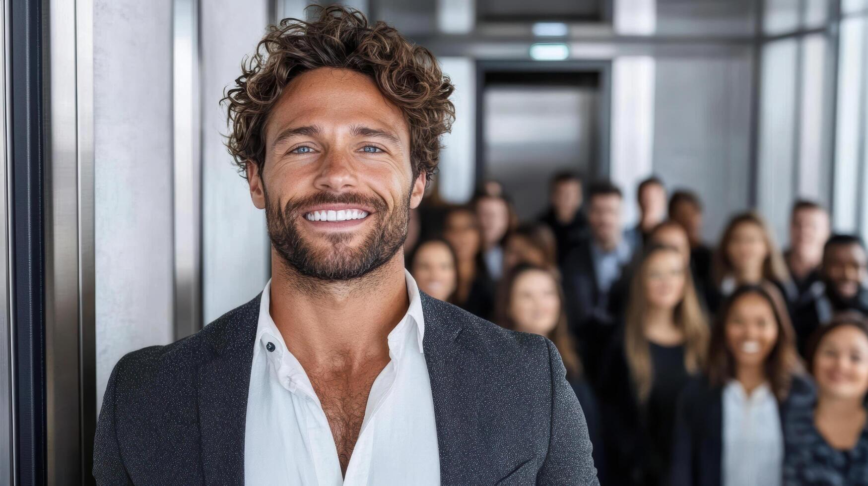 confident entrepreneur smiling in modern office setting with colleagues photo