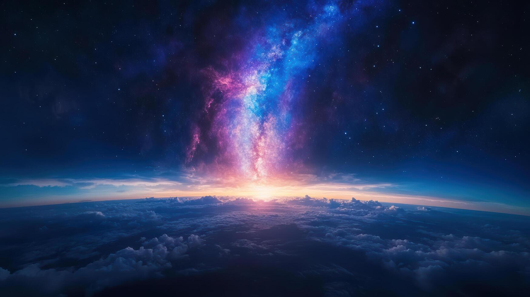 stunning cosmic view of galaxy illuminating horizon above clouds photo