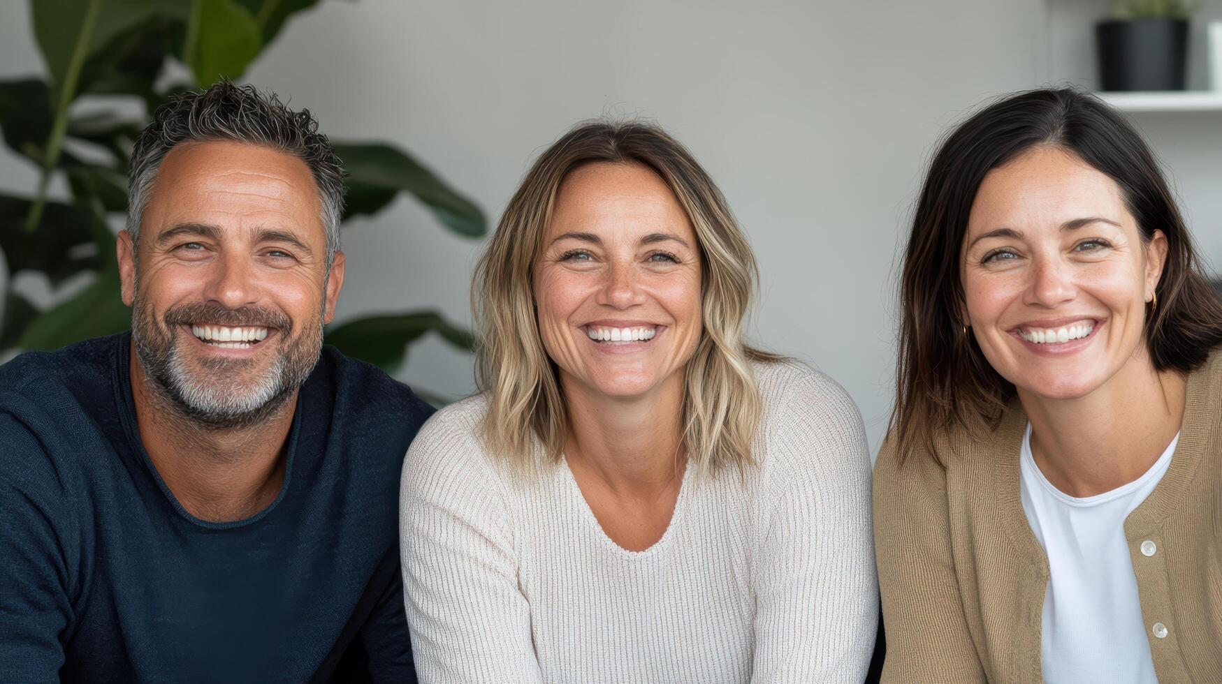 Happy group of three adults smiling together in modern setting photo