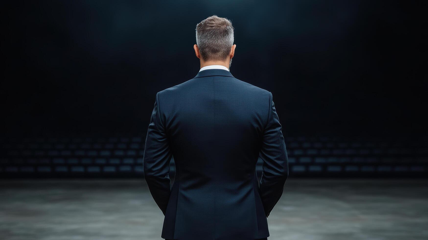 confident CEO in suit standing on stage, ready to inspire audience photo