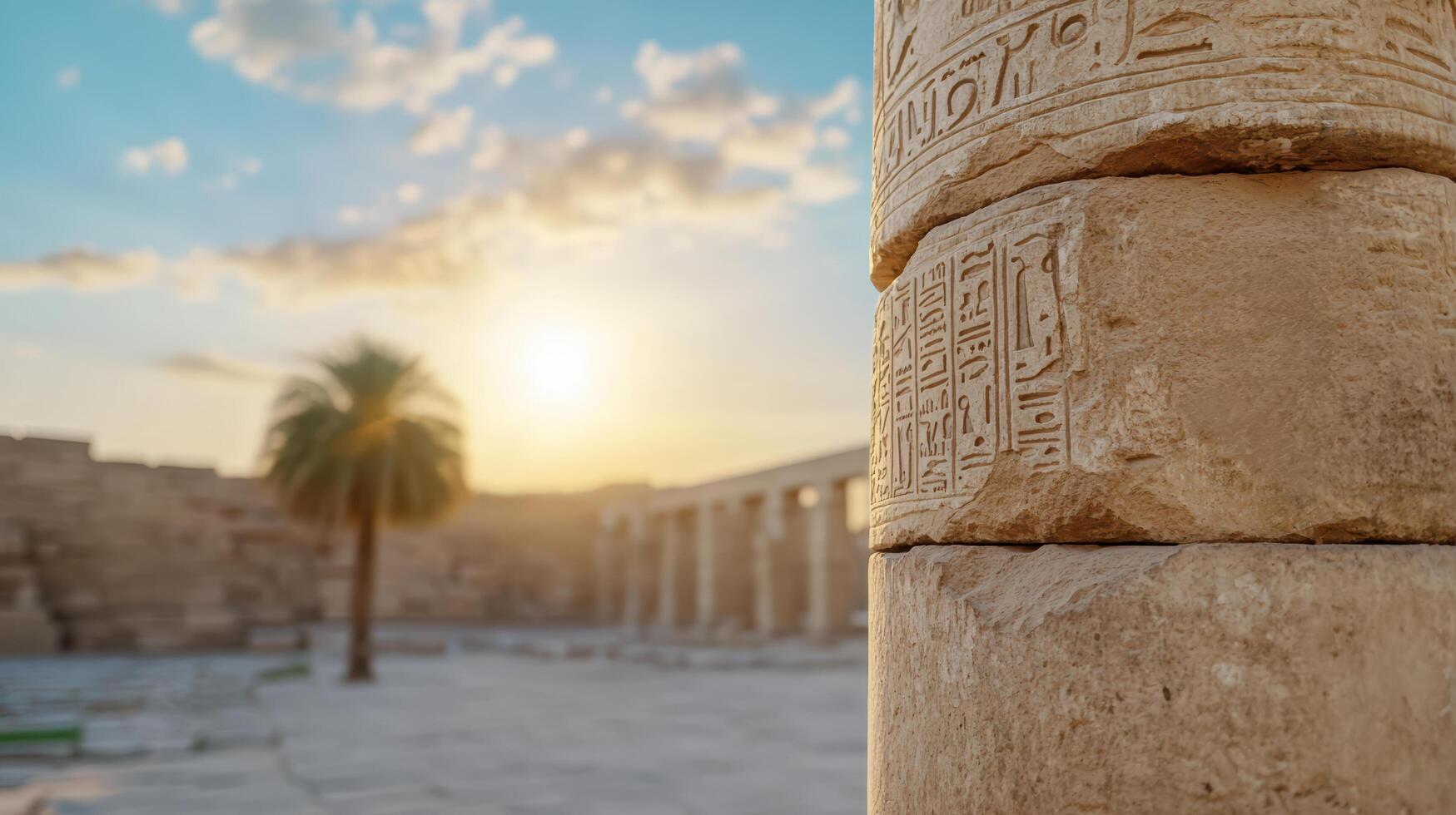 Ancient stone column with hieroglyphs at sunset in temple courtyard photo