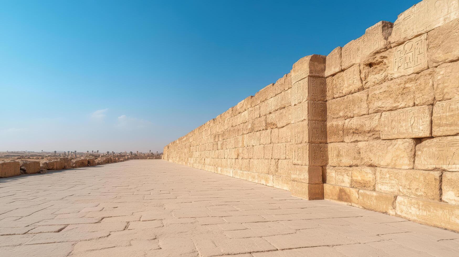 Ancient stone wall with intricate carvings under clear blue sky photo