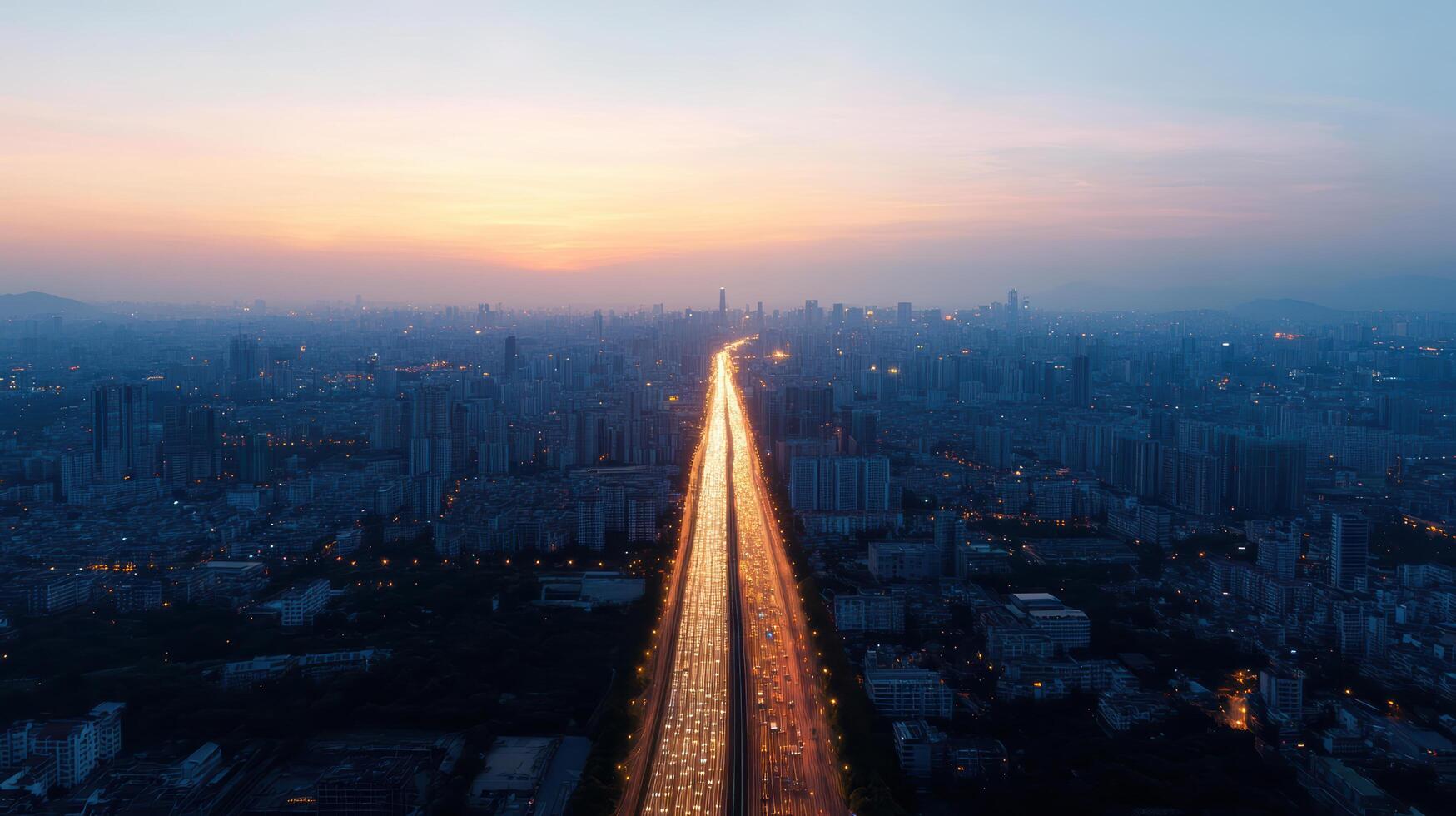 Aerial view of city skyline at sunset with light trails on highway photo