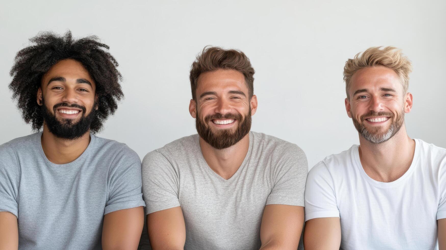 Smiling men with diverse hairstyles and beards, showcasing friendship and joy photo