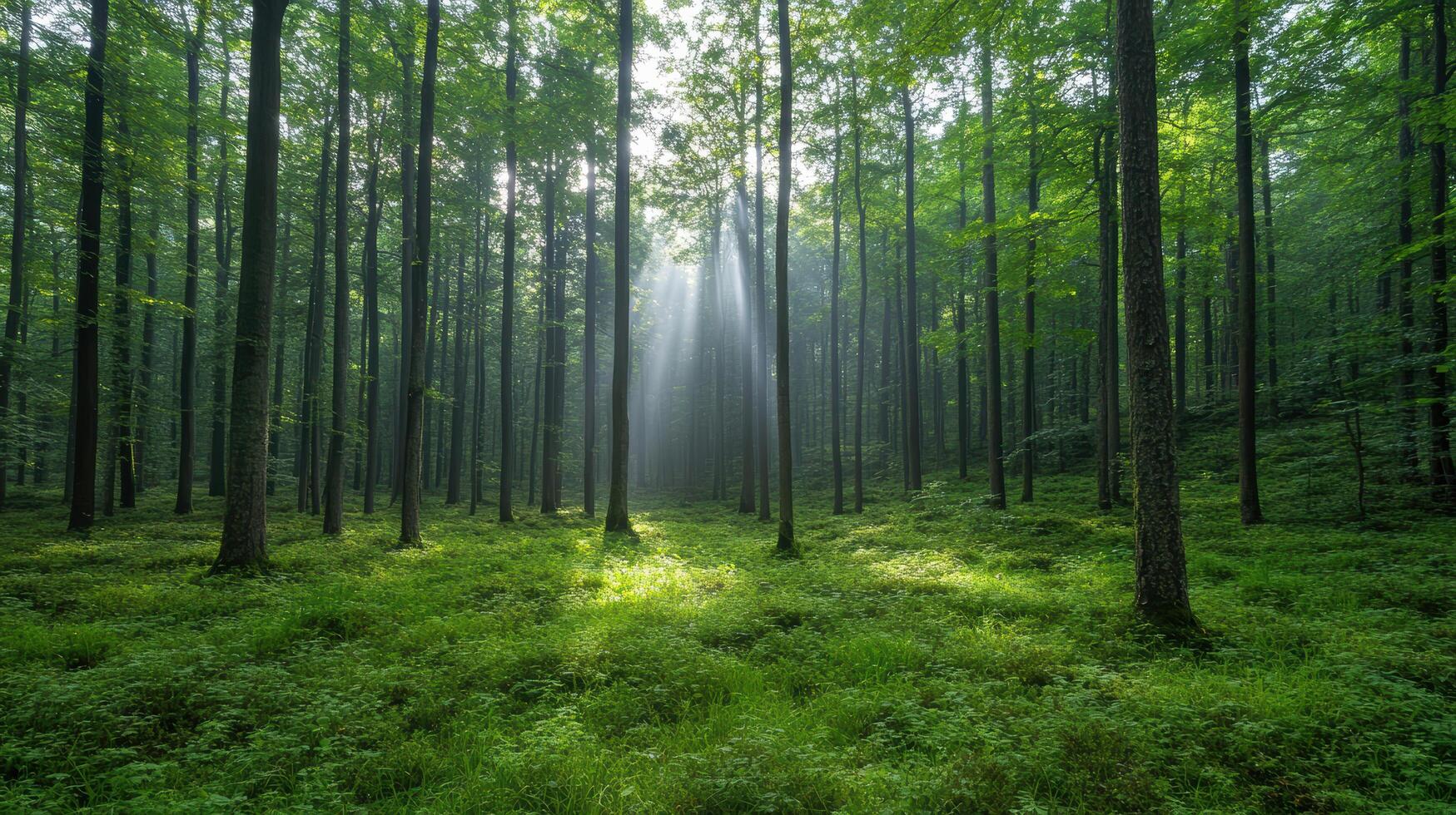 serene forest scene with sunlight filtering through tall trees, creating peaceful atmosphere photo