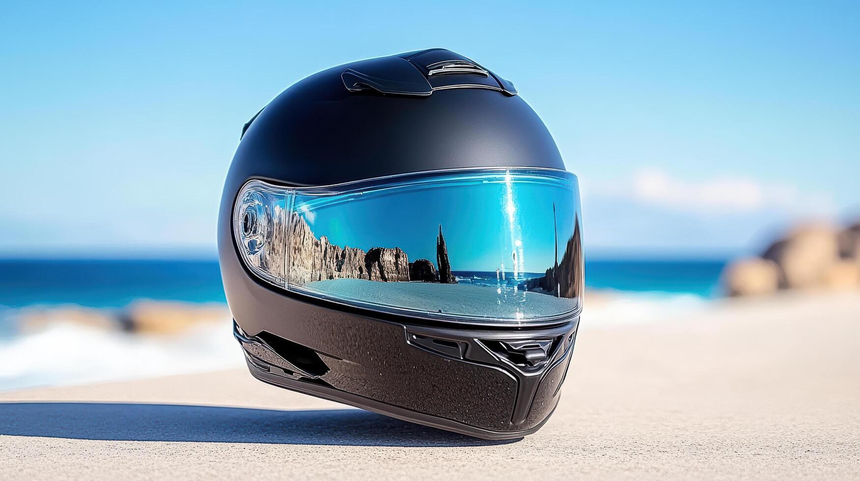 traveler helmet reflecting coastline, showcasing adventure and freedom photo