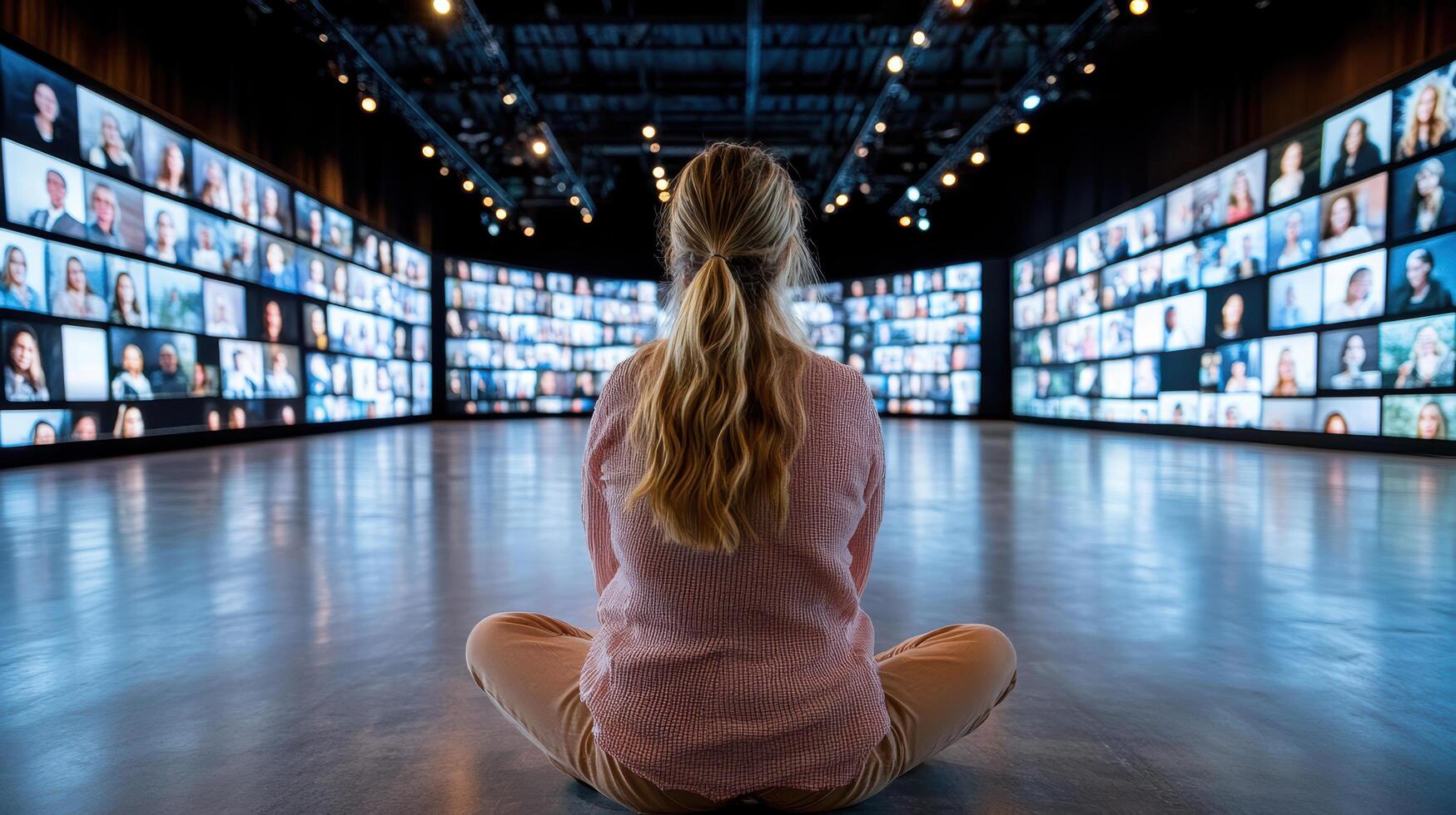 woman sits on floor, captivated by large display of virtual faces photo