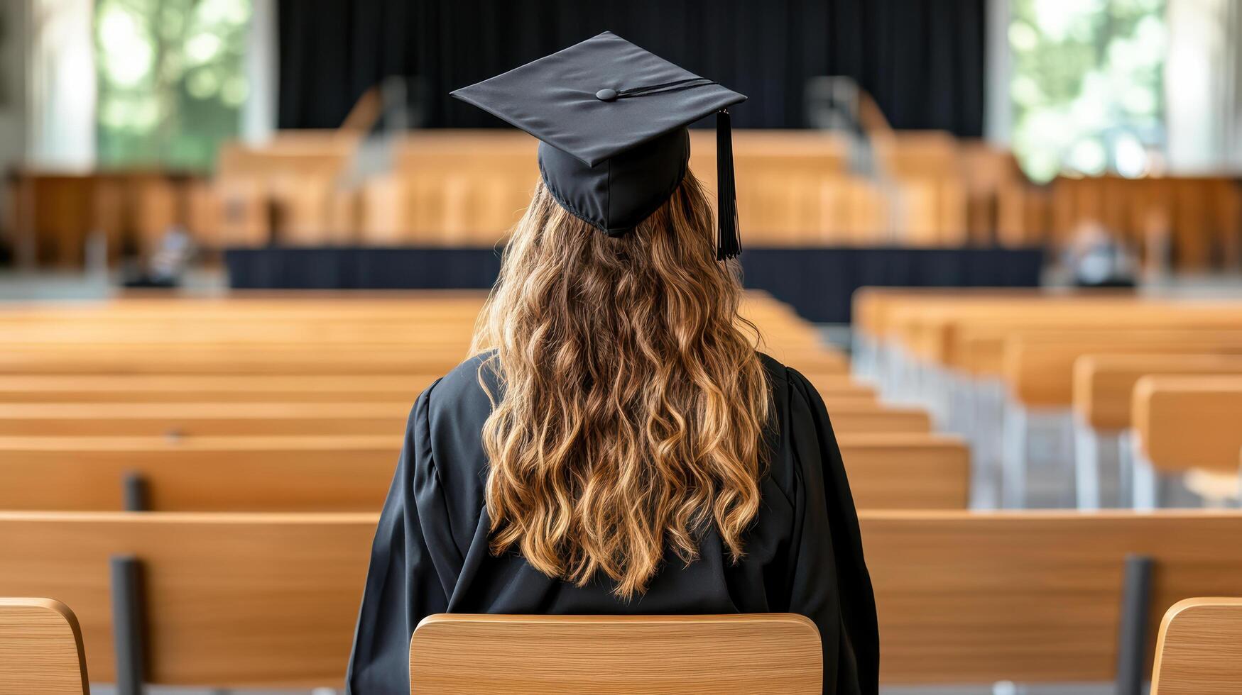female graduate in cap and gown sits in empty auditorium, reflecting on her achievement photo