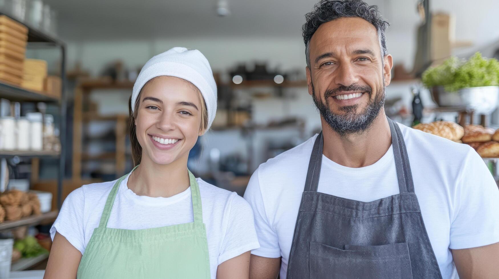 Young business professionals smiling in bakery setting, showcasing teamwork and positivity photo