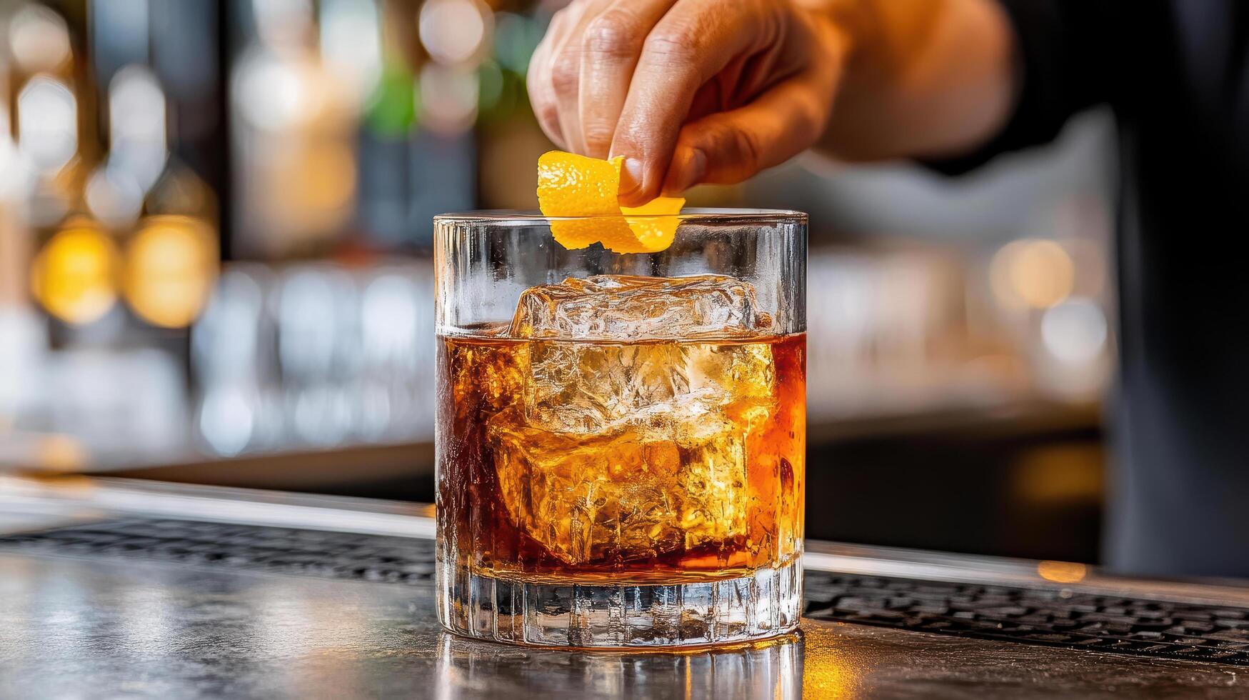 bartender skillfully adds orange peel to cocktail, enhancing its aroma and flavor photo
