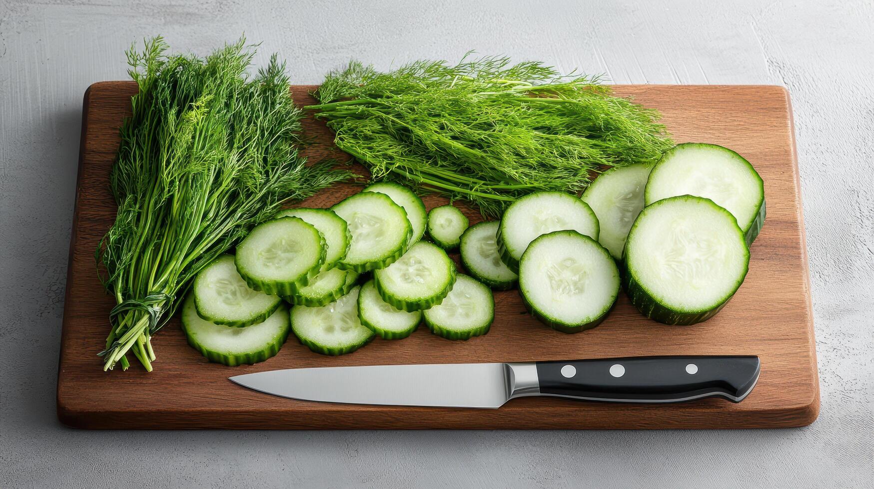 Fresh cucumber slices and dill on wooden cutting board create vibrant kitchen scene photo