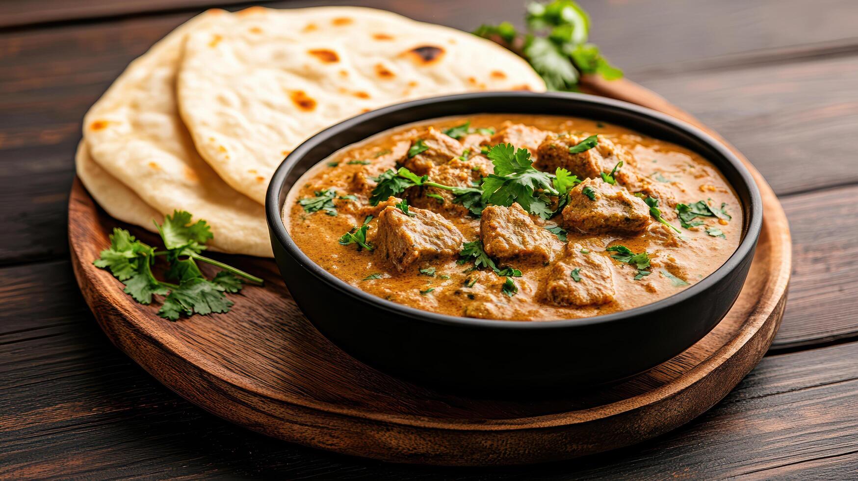 delicious bowl of lamb curry served with flatbread, garnished with fresh herbs photo