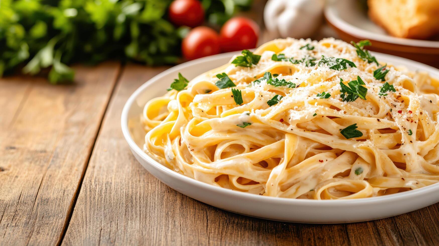 Creamy fettuccine Alfredo garnished with parsley and served on wooden table photo
