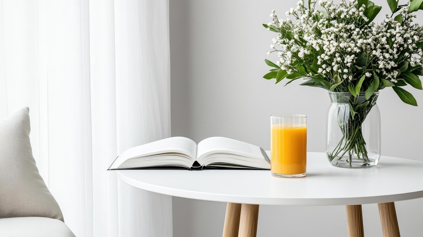 clean white breakfast table with glass of orange juice, book, and fresh flowers creates serene photo