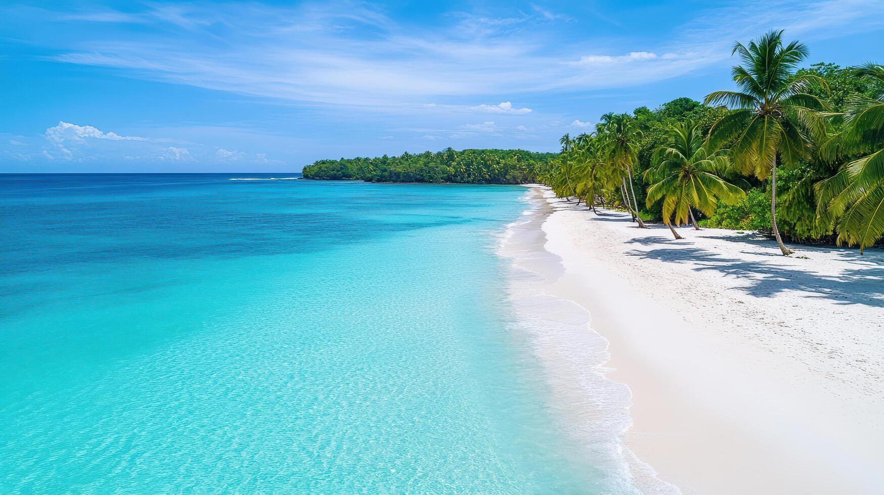 Aerial view of serene beach with palm trees and turquoise water, inviting relaxation photo