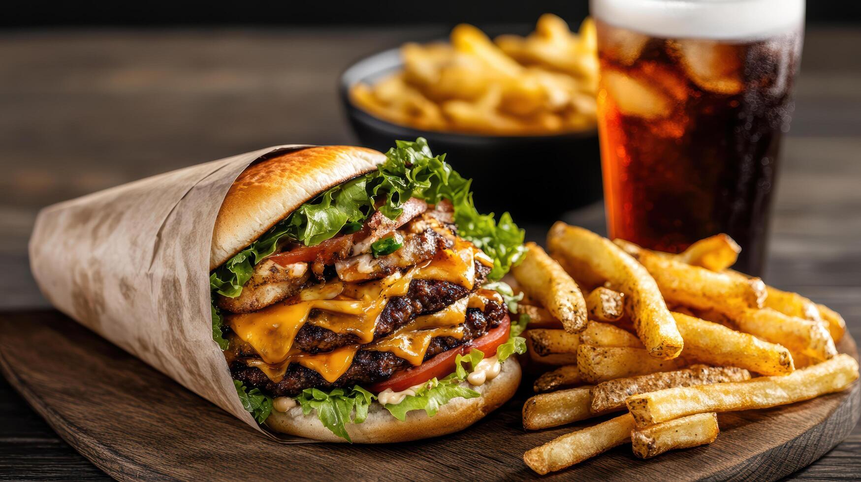 Delicious cheeseburger wrapped in paper, served with fries and cold drink photo