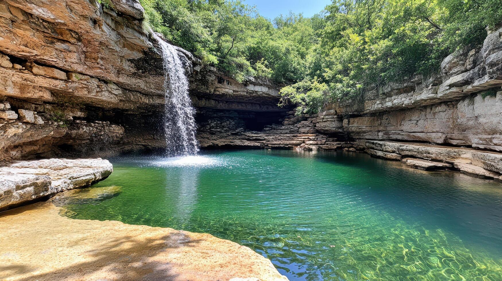 serene waterfall cascading into tranquil pool surrounded by lush greenery photo