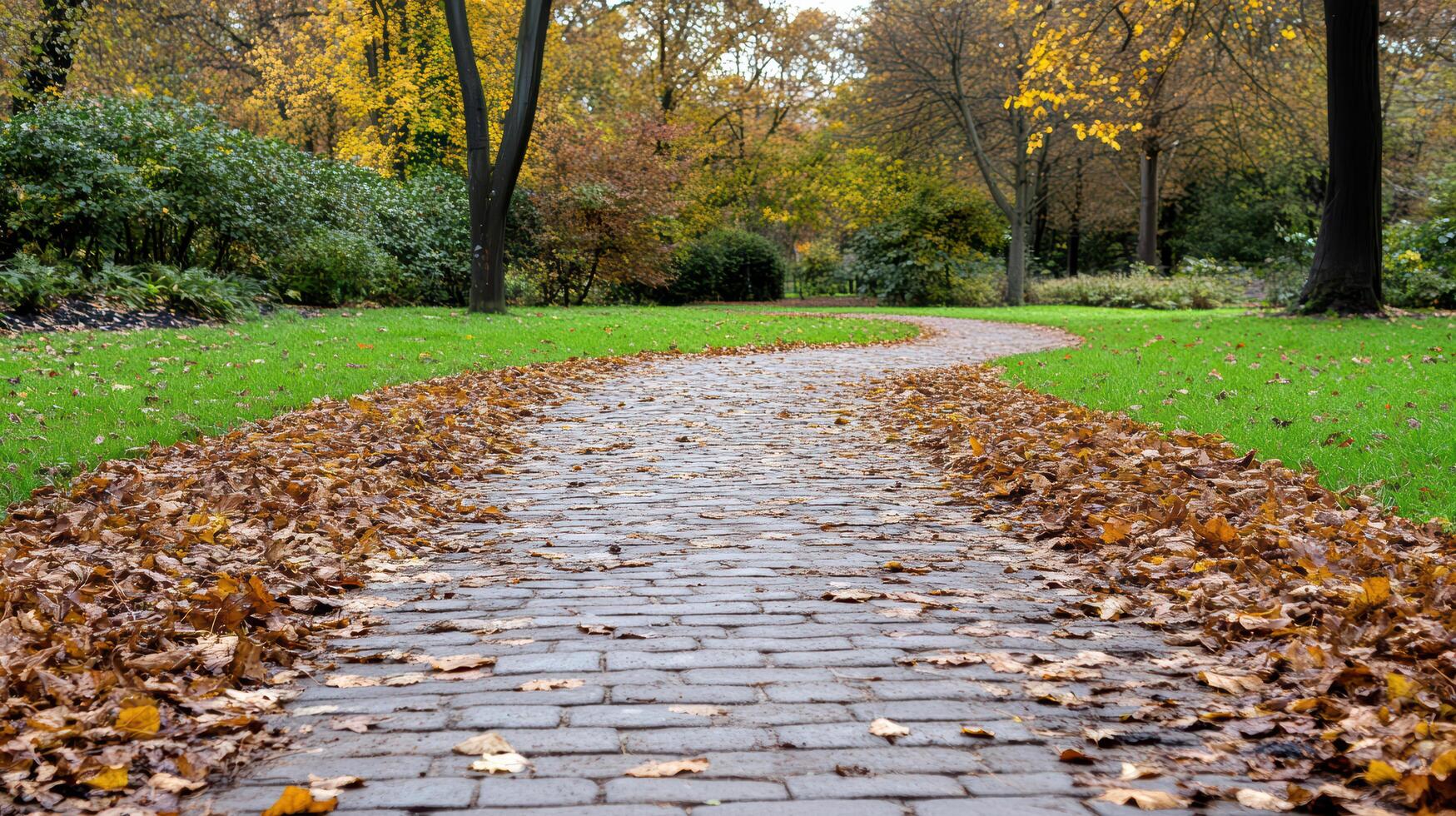 winding pathway covered with autumn leaves invites exploration in serene park setting photo