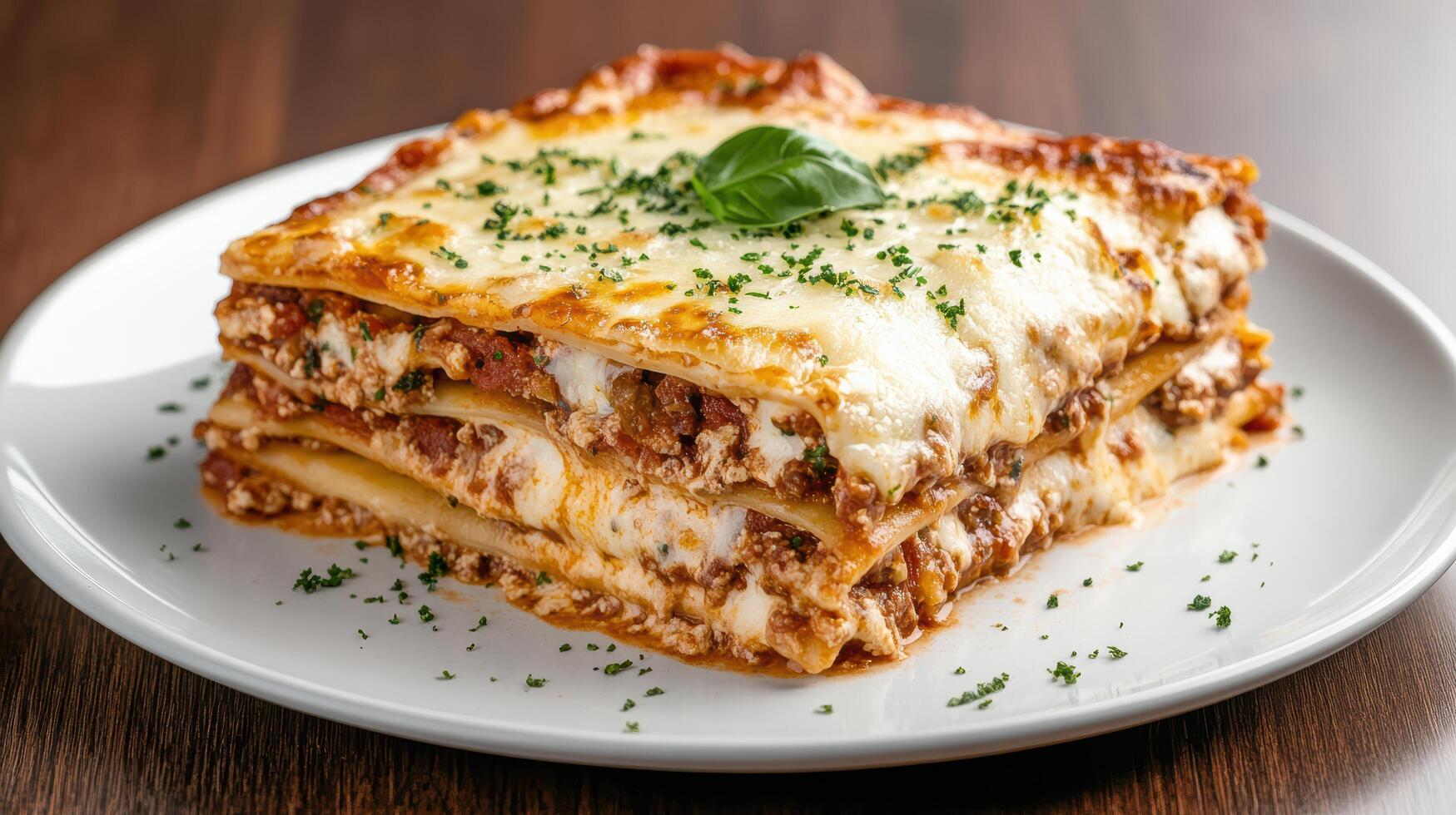 Delicious gourmet lasagna with golden cheese crust and fresh basil, perfect for any meal photo