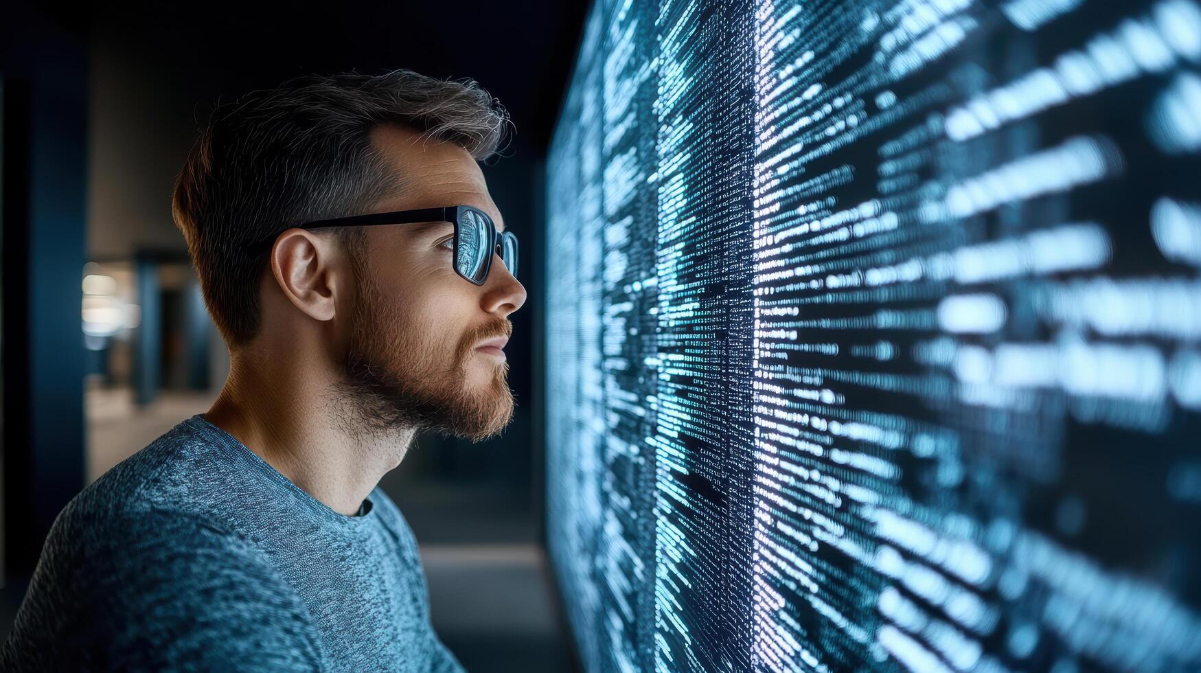 Innovative man observing digital data on screen, showcasing technology and focus photo