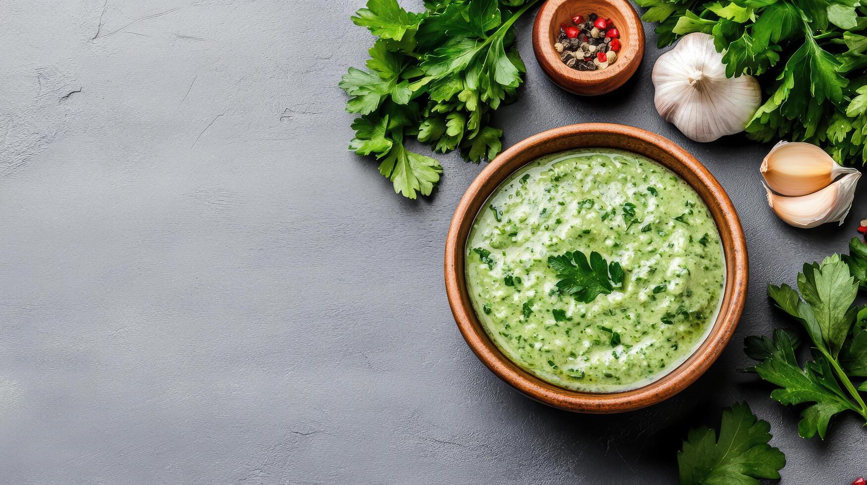 Homemade green sauce with fresh herbs, garlic, and spices in rustic bowl photo