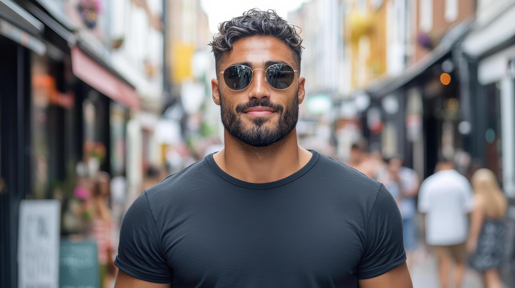 confident man sunglasses walks through vibrant street filled with people, showcasing urban life photo