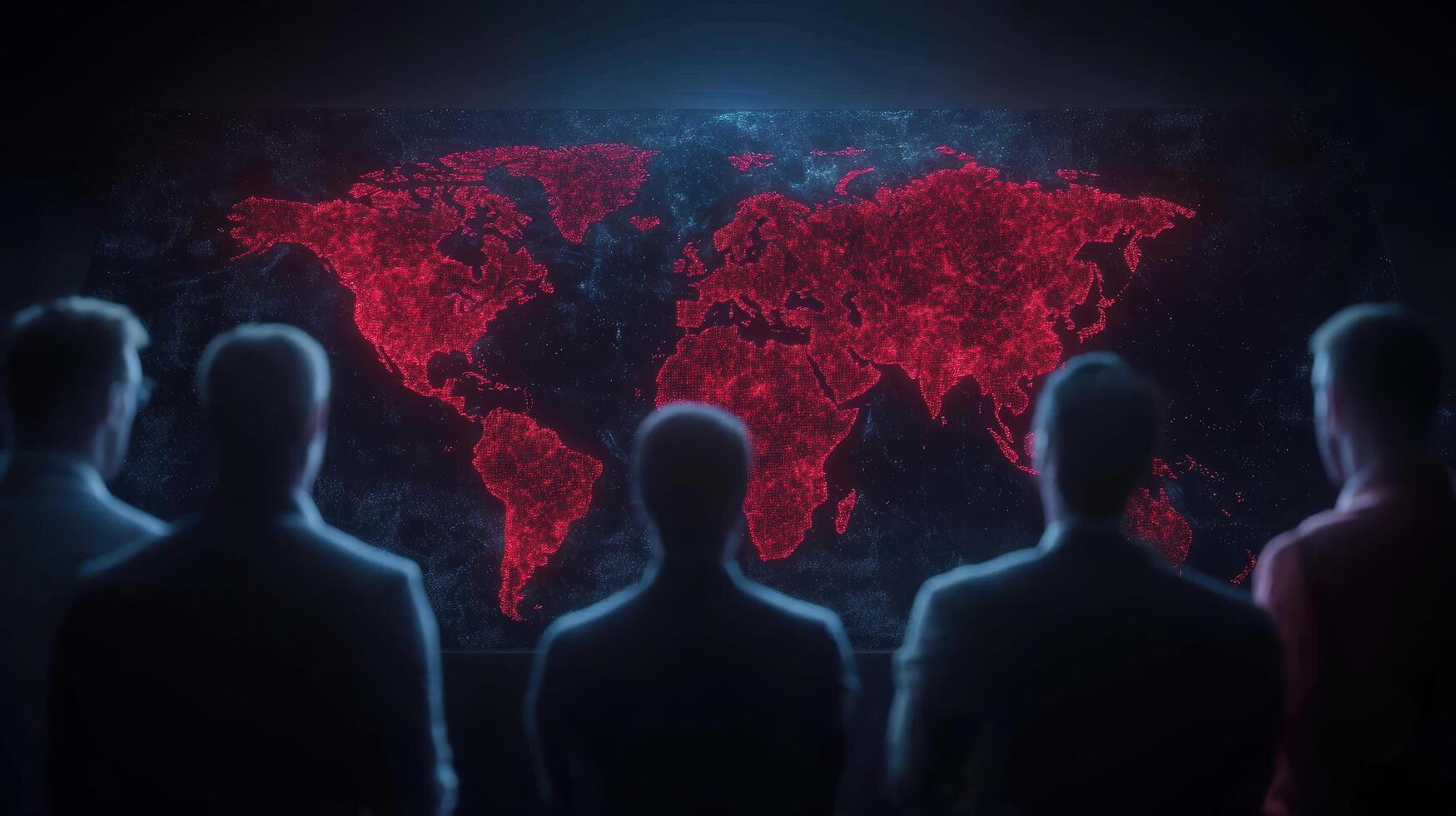 group of professionals observes glowing world map, highlighting global connections and data photo