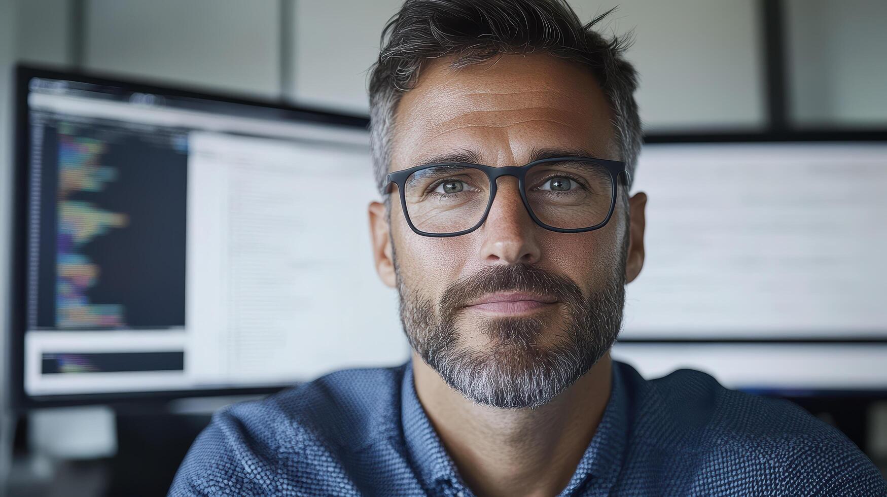 Professional man with glasses and beard, focused on work in modern office environment photo
