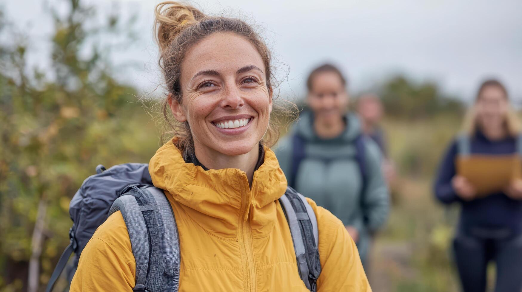smiling woman yellow jacket stands natural setting, surrounded by group of hikers. Her joyful photo