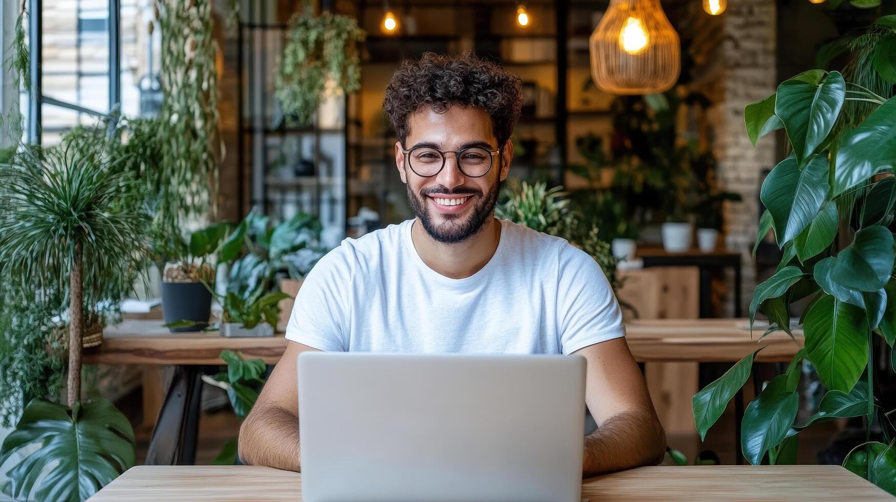 cheerful freelancer working on laptop in vibrant coworking space surrounded by greenery photo