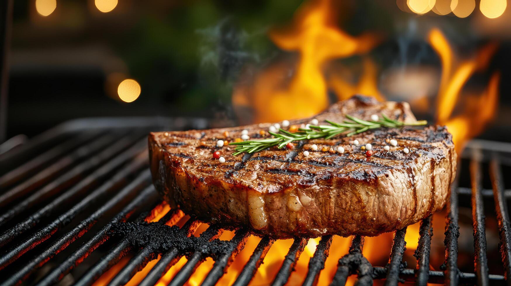 Grilling juicy steak with flames and herbs creates delicious atmosphere photo