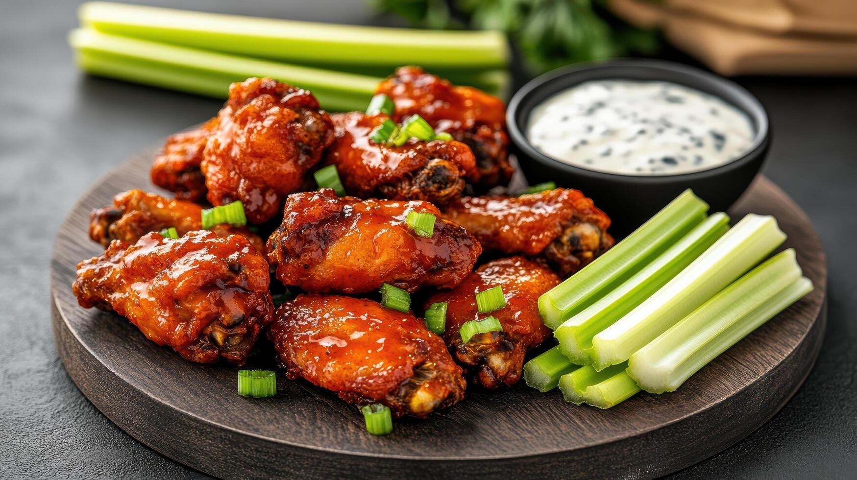 Crispy buffalo wings served with celery sticks and dipping sauce create delicious meal photo
