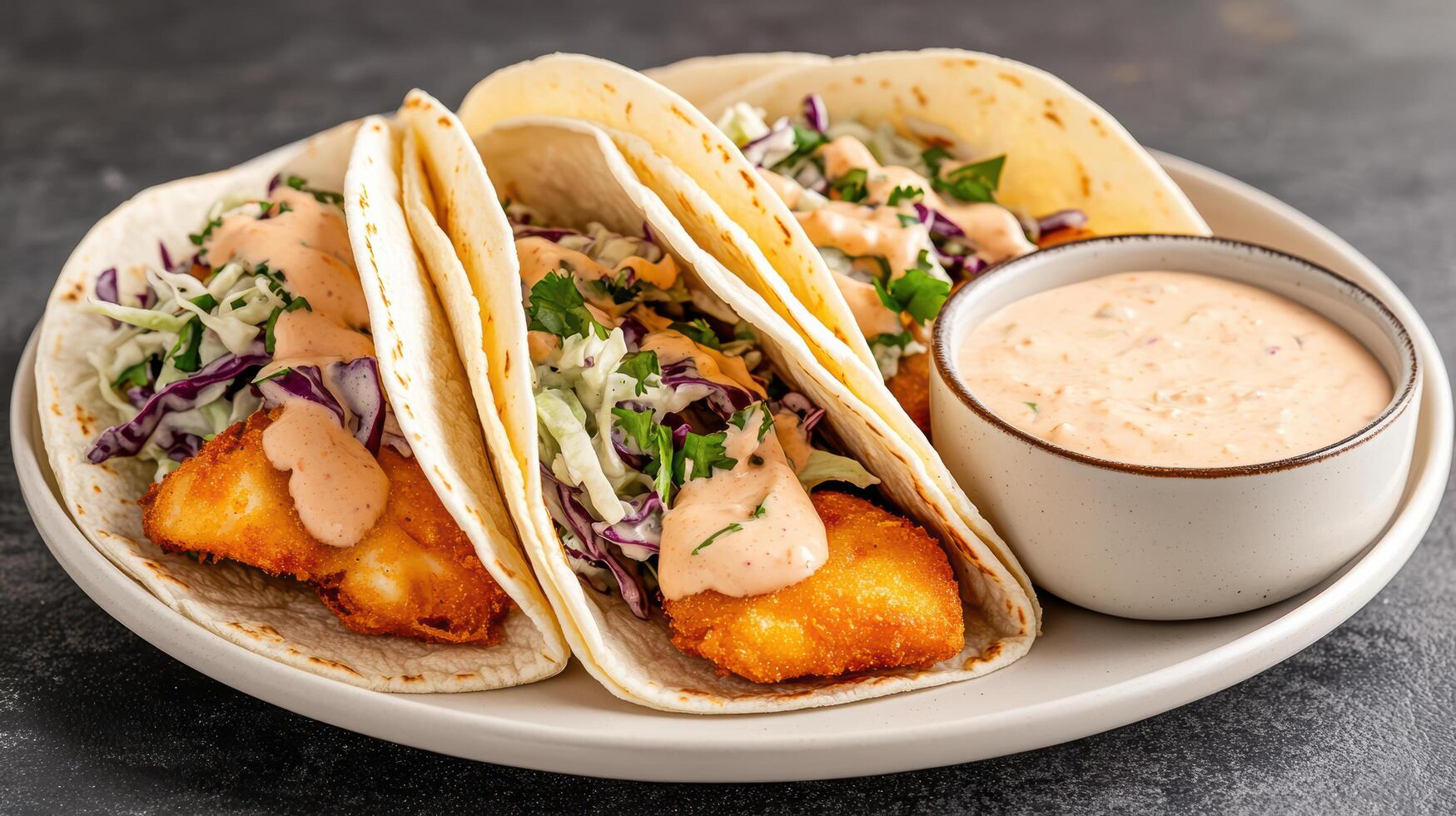 Crispy fish tacos served with creamy sauce and fresh toppings create delightful meal experience photo