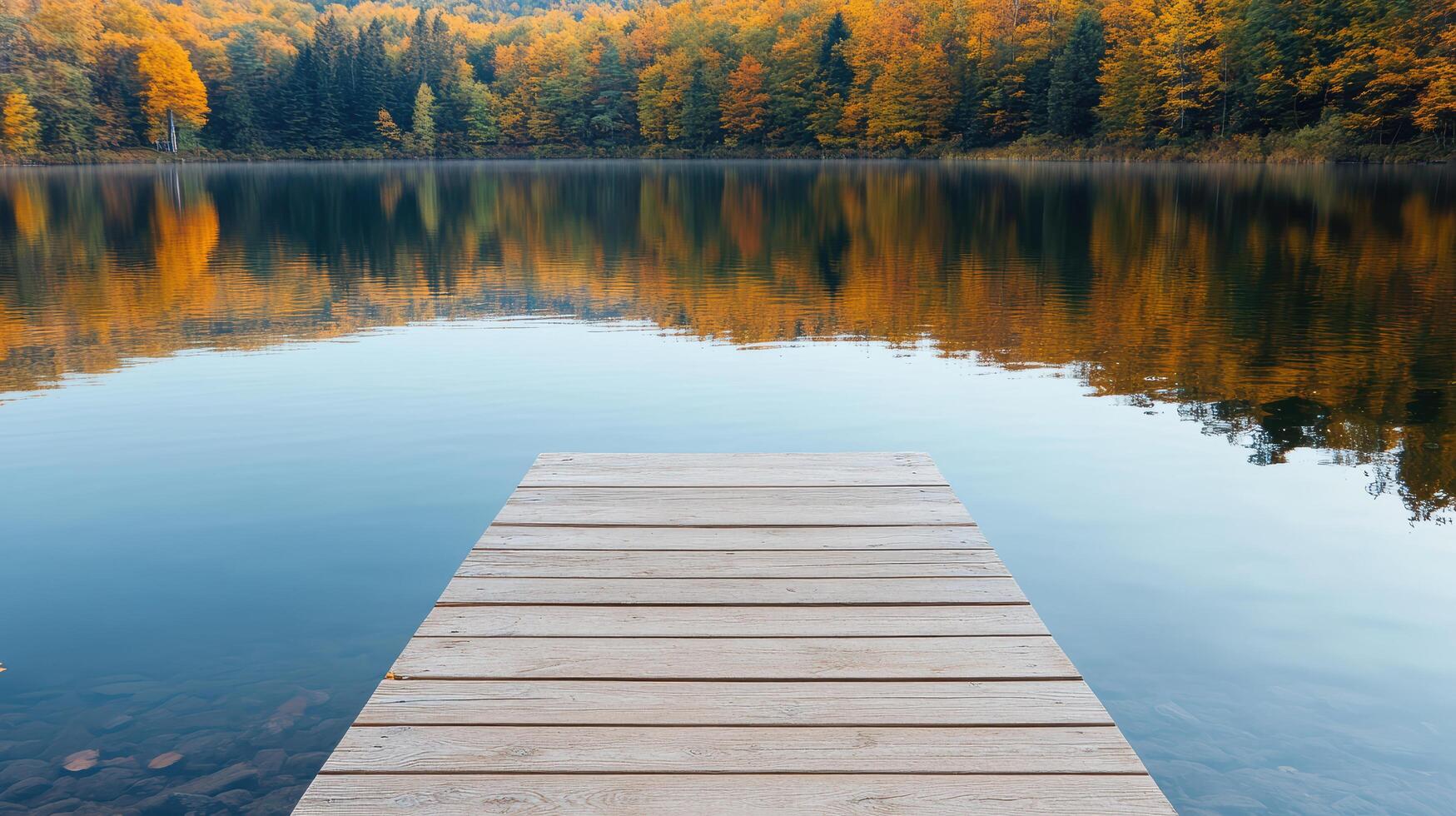 serene lakeside pier surrounded by vibrant autumn trees reflecting calm water creates peaceful photo