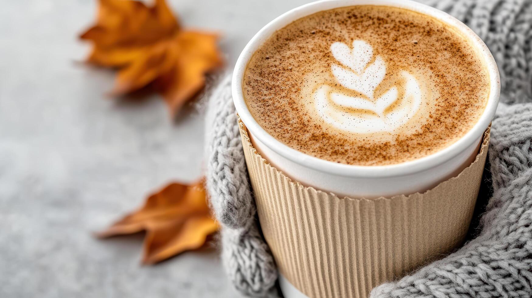 Warm coffee cup with latte art, cozy autumn vibes, and fallen leaves create comforting scene photo