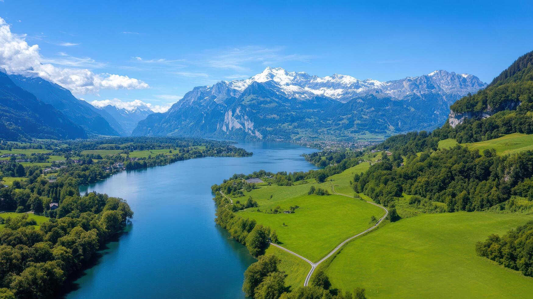 Breathtaking landscape featuring mountains, river, and lush greenery in Swiss Alps photo