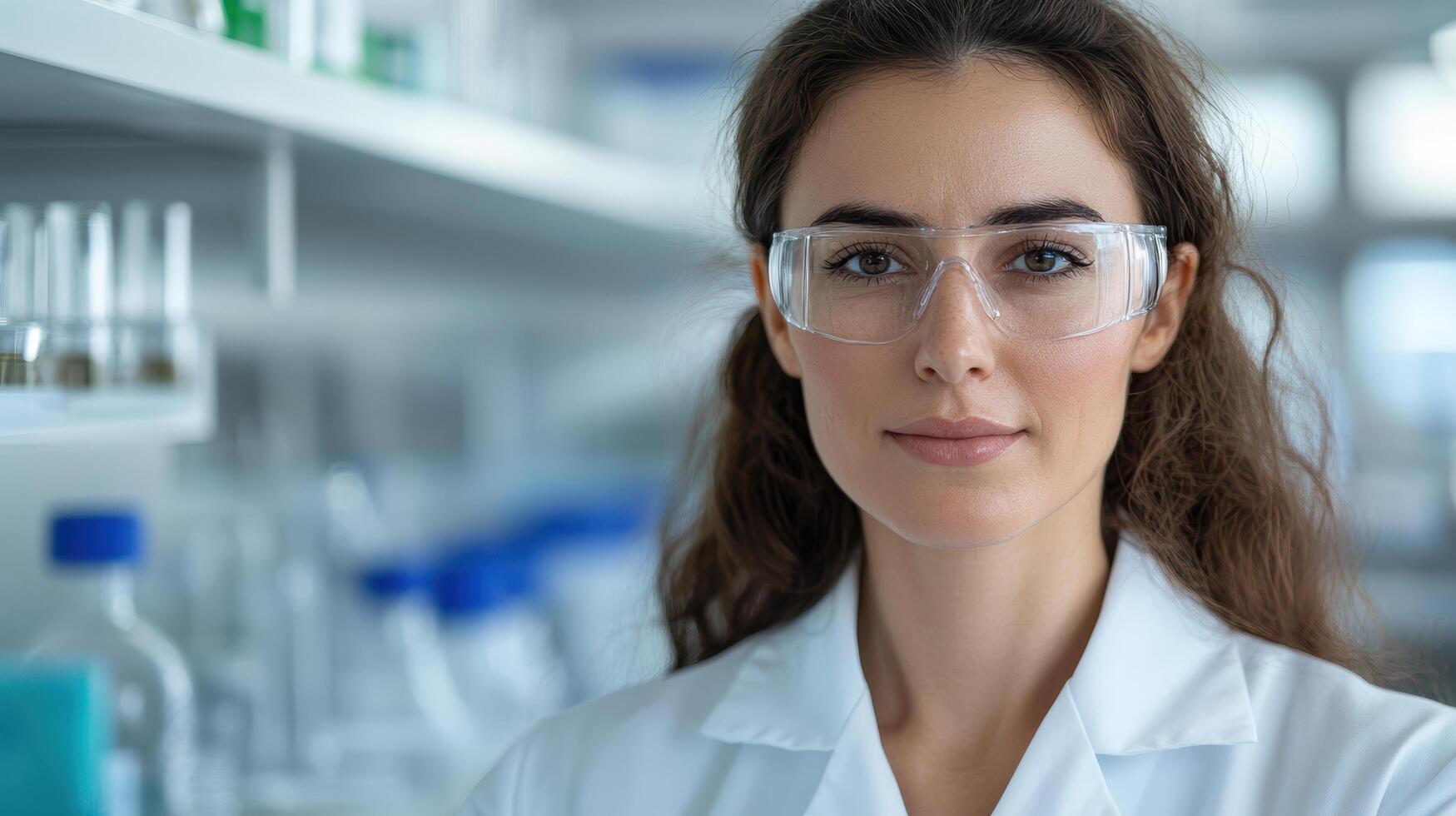 scientist in lab wearing protective eyewear, focused on her research and analysis photo
