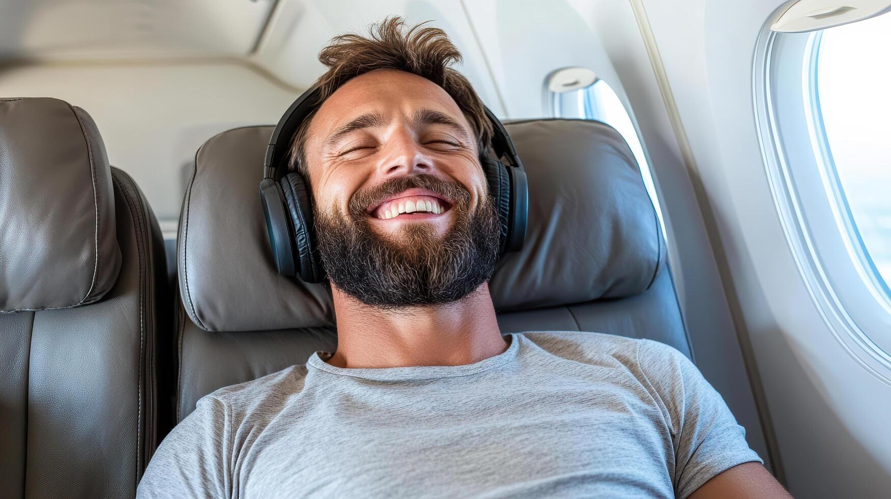 Relaxed passenger enjoying music flight, smiling with headphones on, creating joyful atmosphere photo