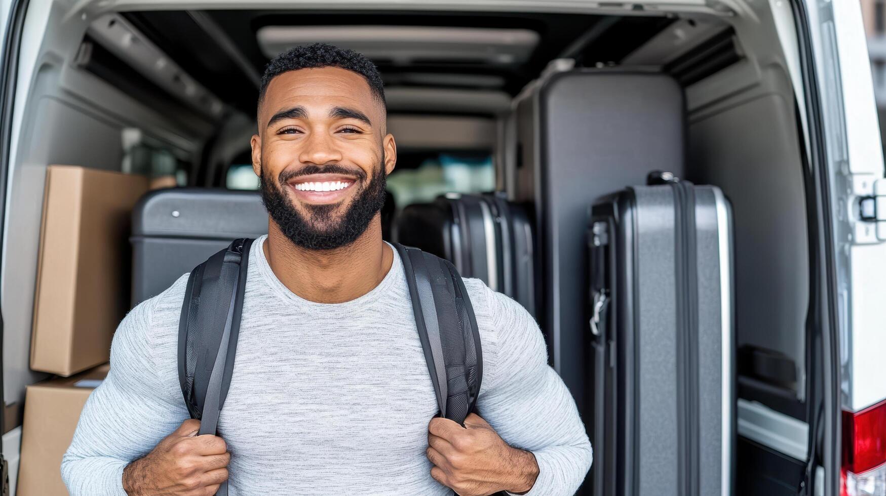 Smiling man with backpack standing in van filled with suitcases, ready for journey photo