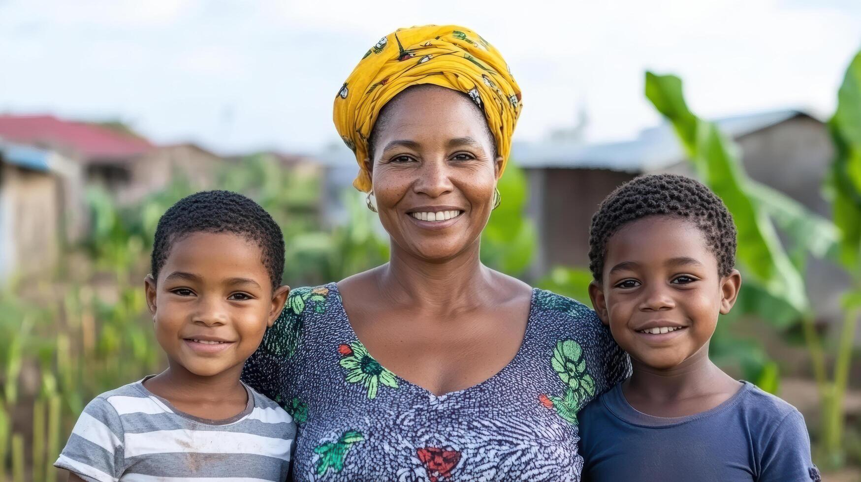 proud mother stands with her two children, showcasing their joyful smiles vibrant outdoor photo