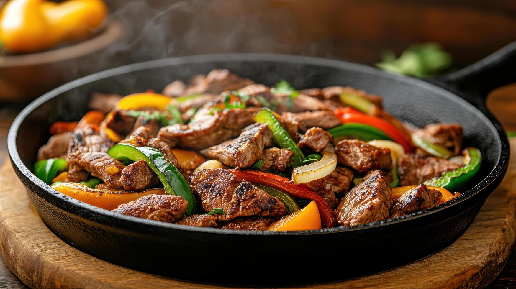 Sizzling steak with colorful peppers in cast iron skillet creates mouthwatering scene photo