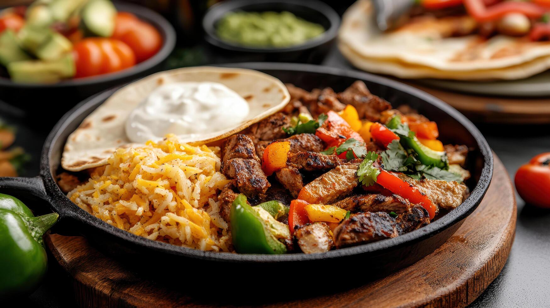 Sizzling fajita skillet with grilled meat, colorful peppers, and rice, served with tortillas photo
