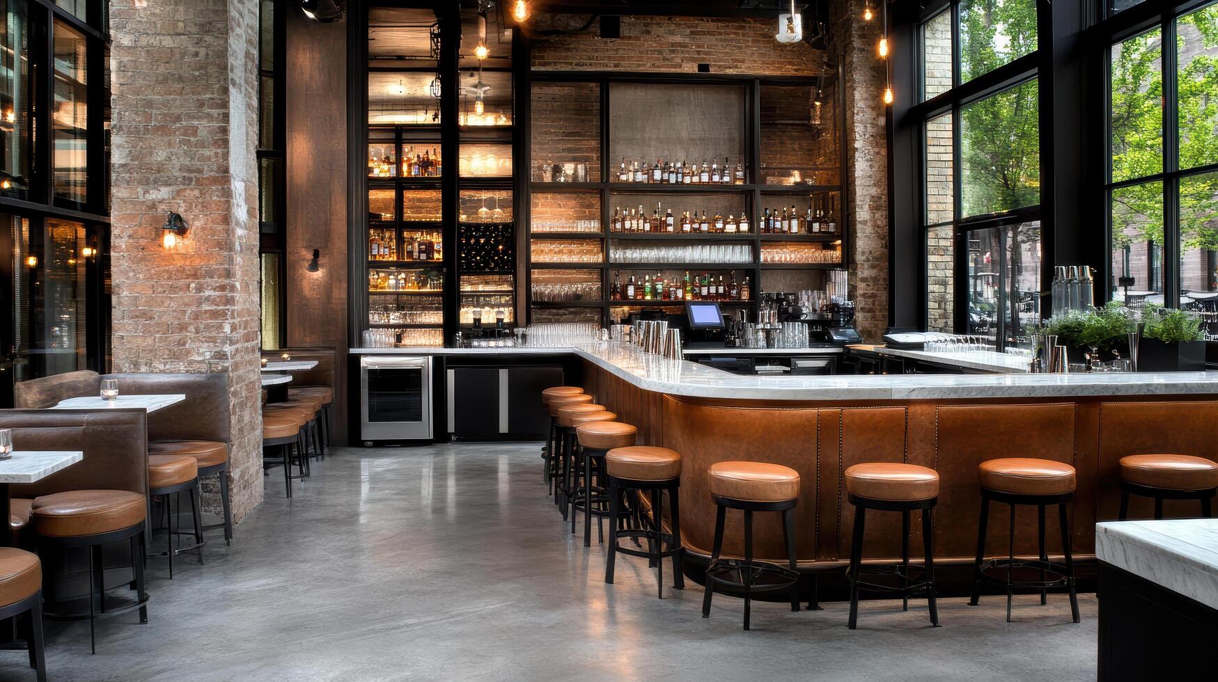 sophisticated bar featuring modern design with vintage elements, showcasing stylish atmosphere photo