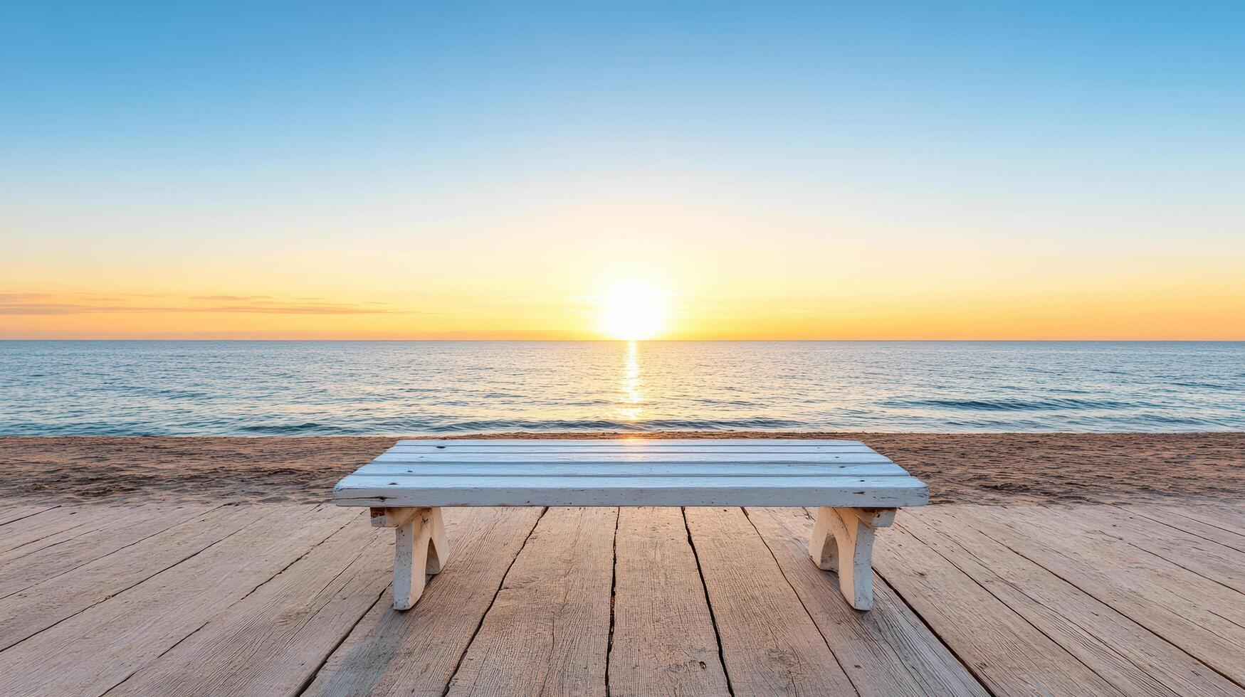 serene wooden bench overlooks tranquil beach at sunset, creating peaceful atmosphere photo
