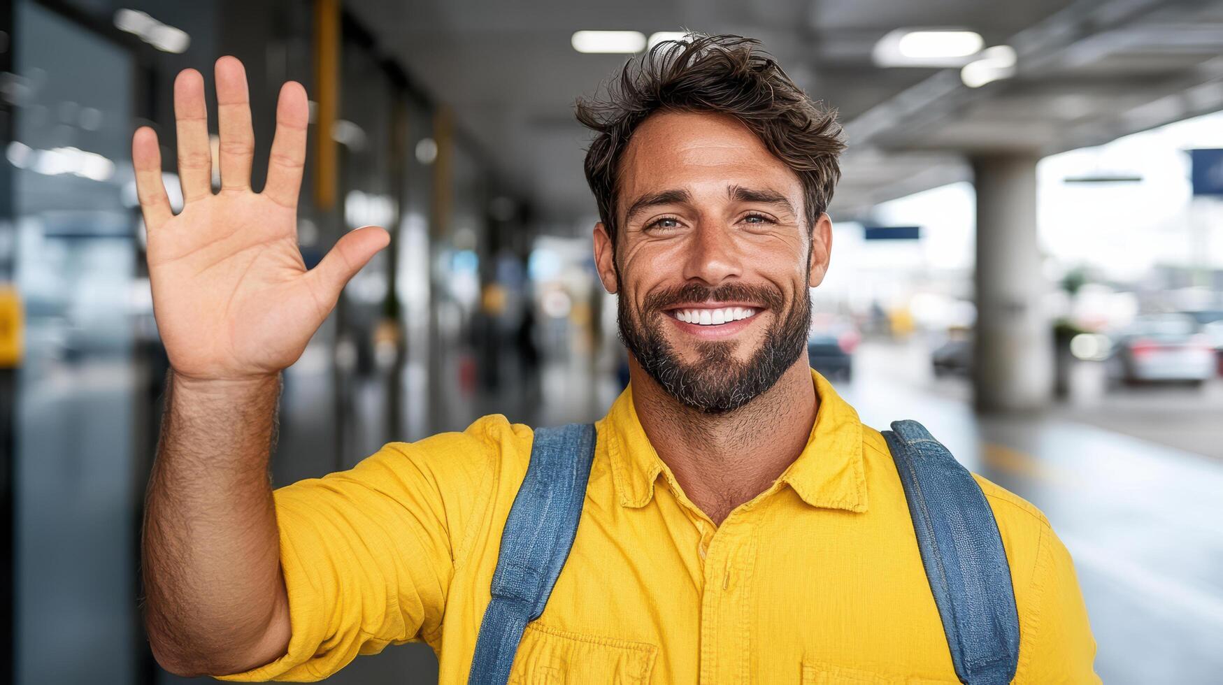 Bright smile and friendly wave from man in yellow shirt at airport terminal photo