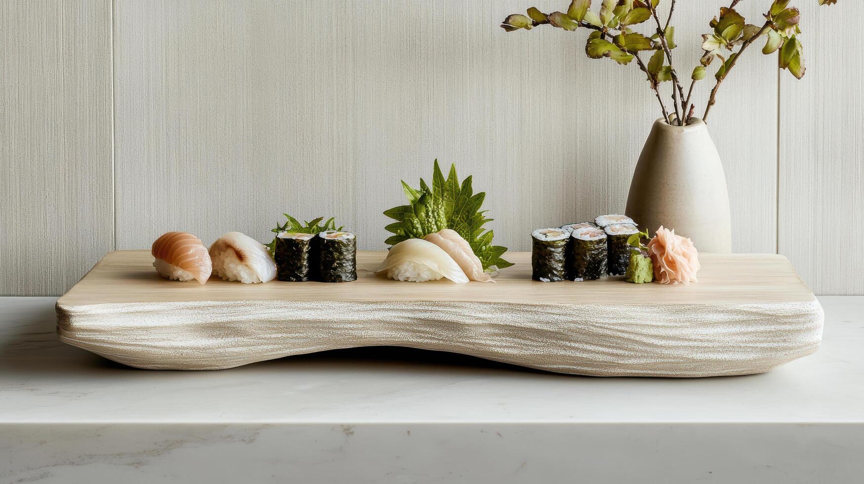 Sushi platter featuring variety of sushi types, beautifully arranged with garnishes and photo