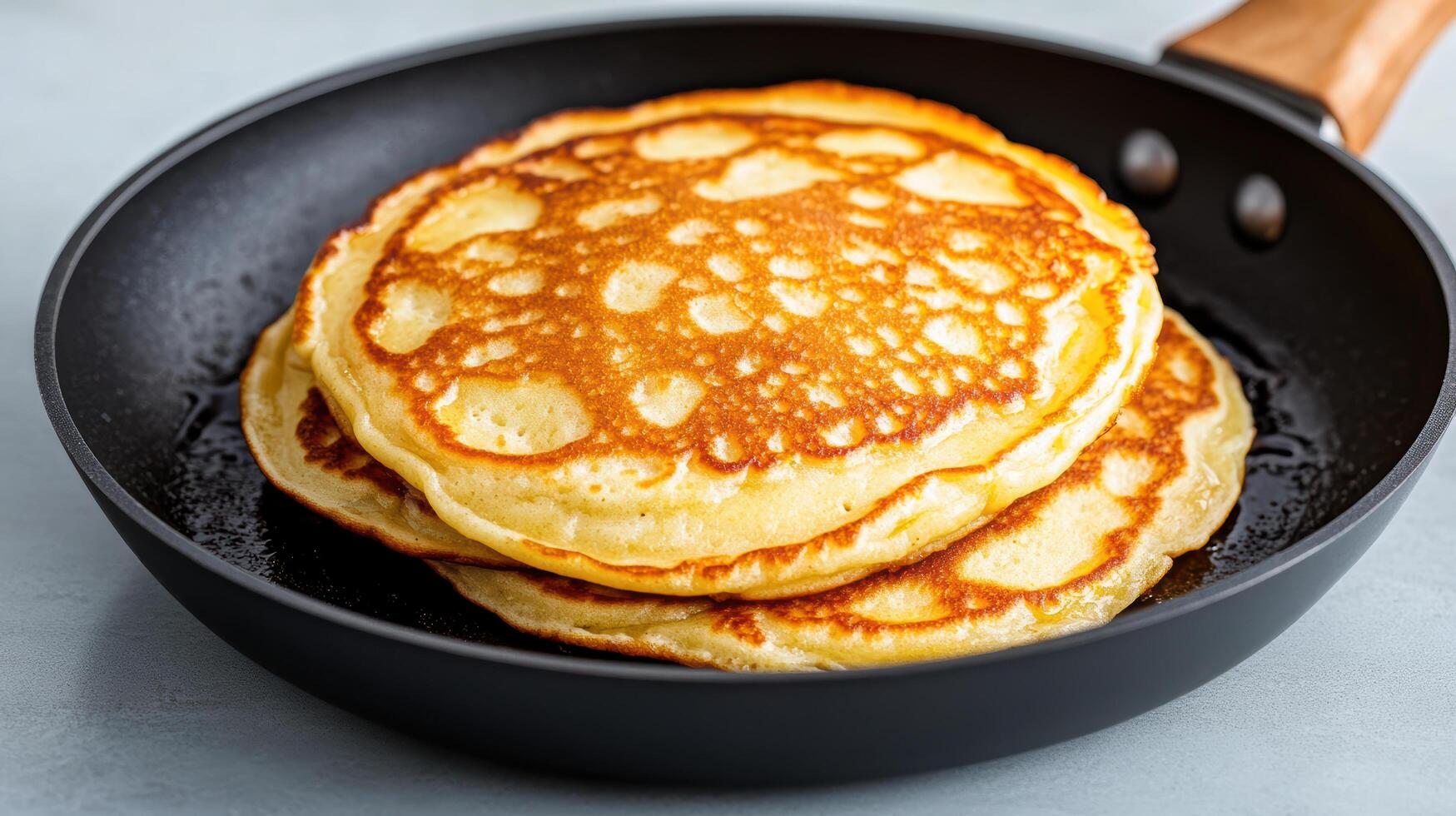 Fluffy pancakes stacked in frying pan, golden brown and ready to serve photo