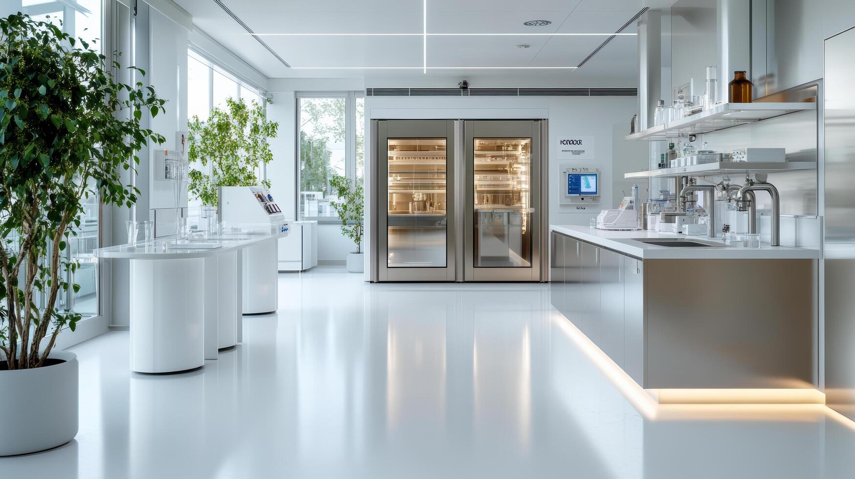 sleek, hyper modern laboratory featuring advanced equipment and bright, open spaces photo